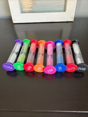 8 pc Colorful Sand Timer Set - All different.  20, 30 seconds, 1 minute, 2-5 10